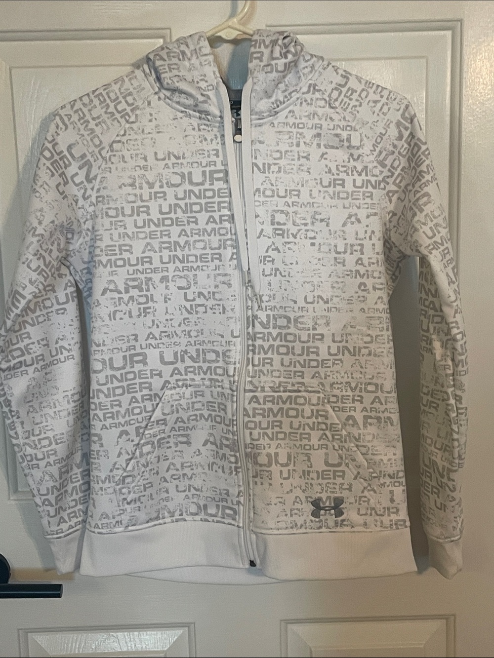 Under Armour XS Logo Print Full Zip Hoodie White Gray Jacket
